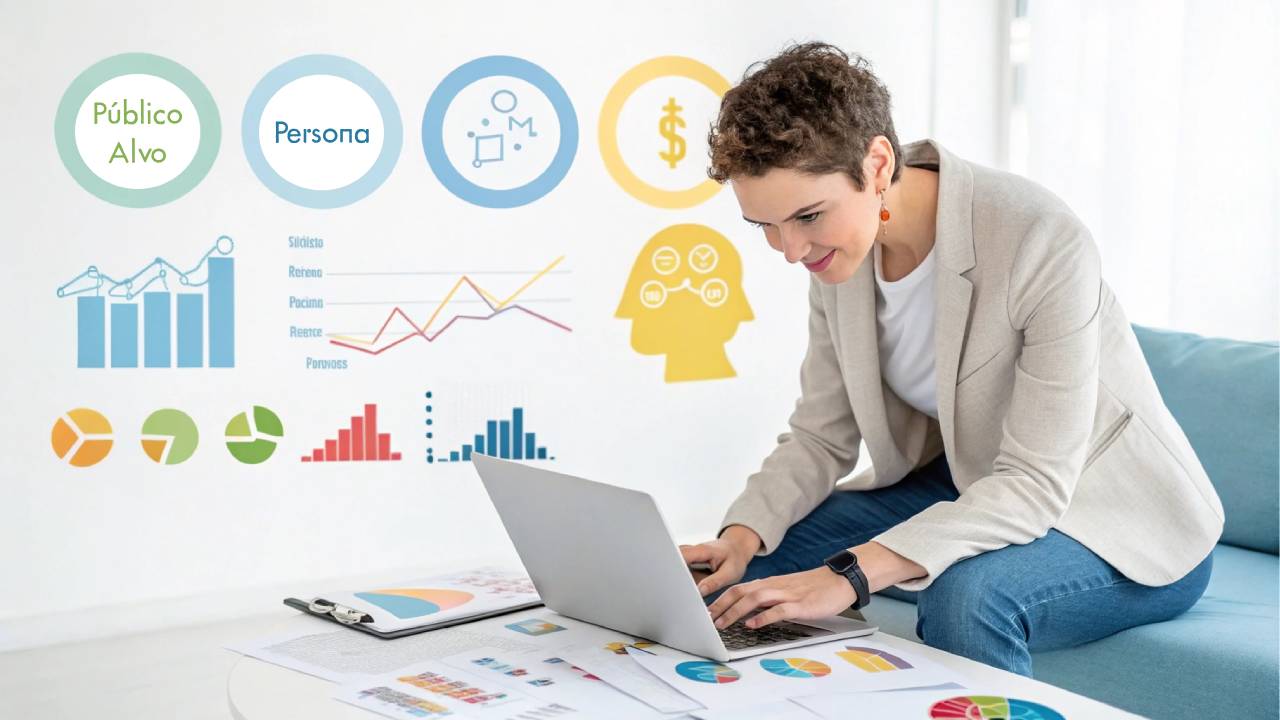 Ilustração de um profissional liberal analisando personas em um laptop, com gráficos e notas sobre idade, gênero e comportamento online, em estilo flat design.