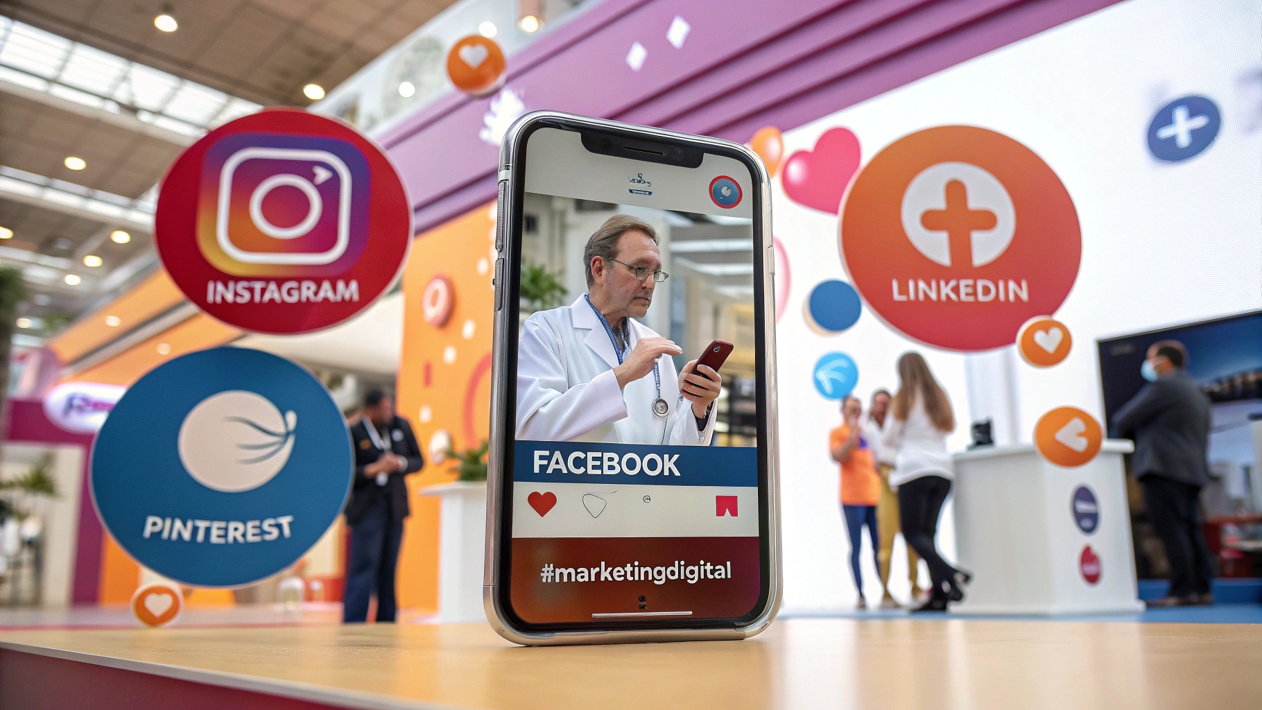 imagem de um profissional liberal na tela de celular postando em redes sociais, com ícones de Instagram, LinkedIn e Facebook flutuando ao redor de um smartphone.