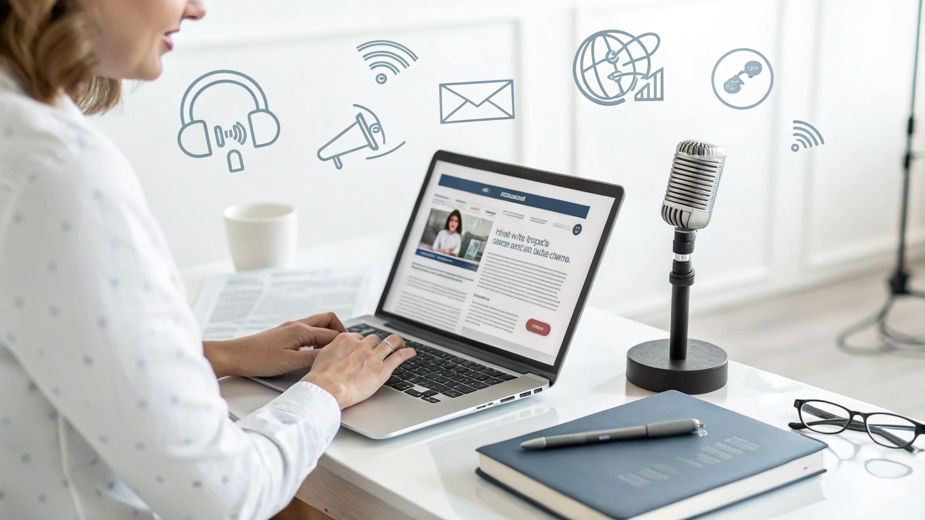 Imagem minimalista de um profissional liberal criando conteúdo, com um laptop exibindo um blog, um e-book e ícones de vídeos e webinars, em estilo flat design.