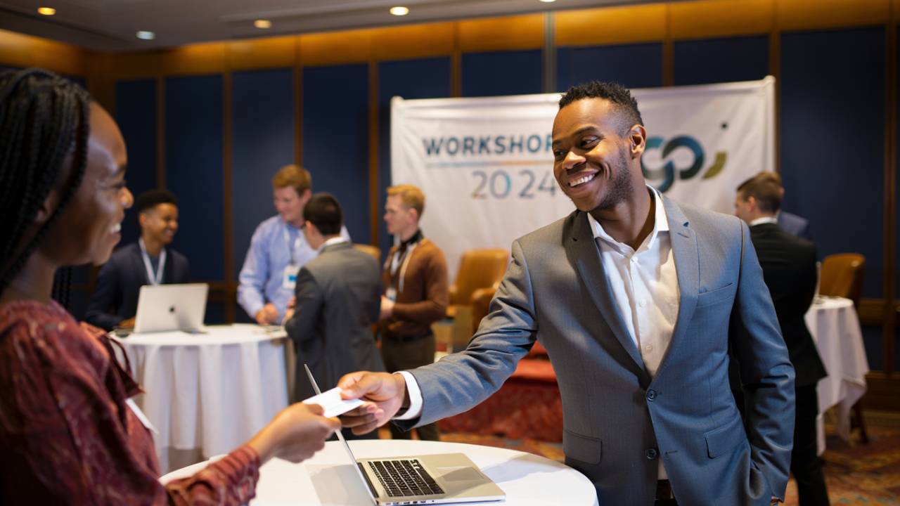 imagem de um profissional liberal em um evento de networking, trocando cartões de visita e participando de um workshop, em um ambiente corporativo.