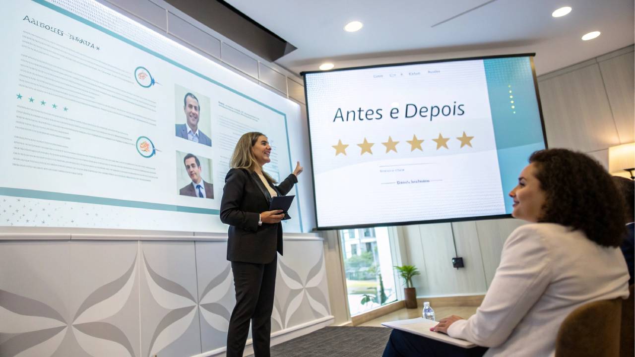 Imagem de um profissional liberal ao lado de um site com depoimentos de clientes, estrelas de avaliação e um estudo de caso, em um design elegante.