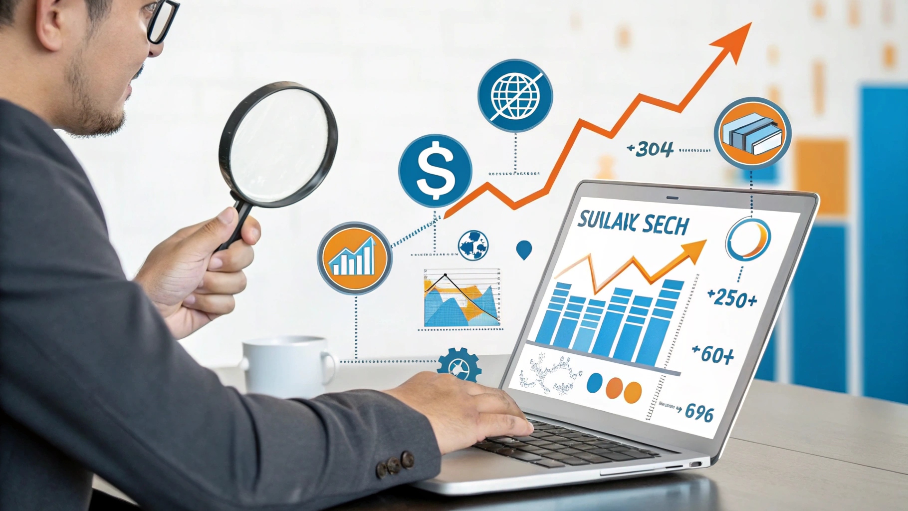 imagem de um profissional liberal analisando SEO com uma lupa em um laptop, com ícones de palavras-chave, backlinks e anúncios.