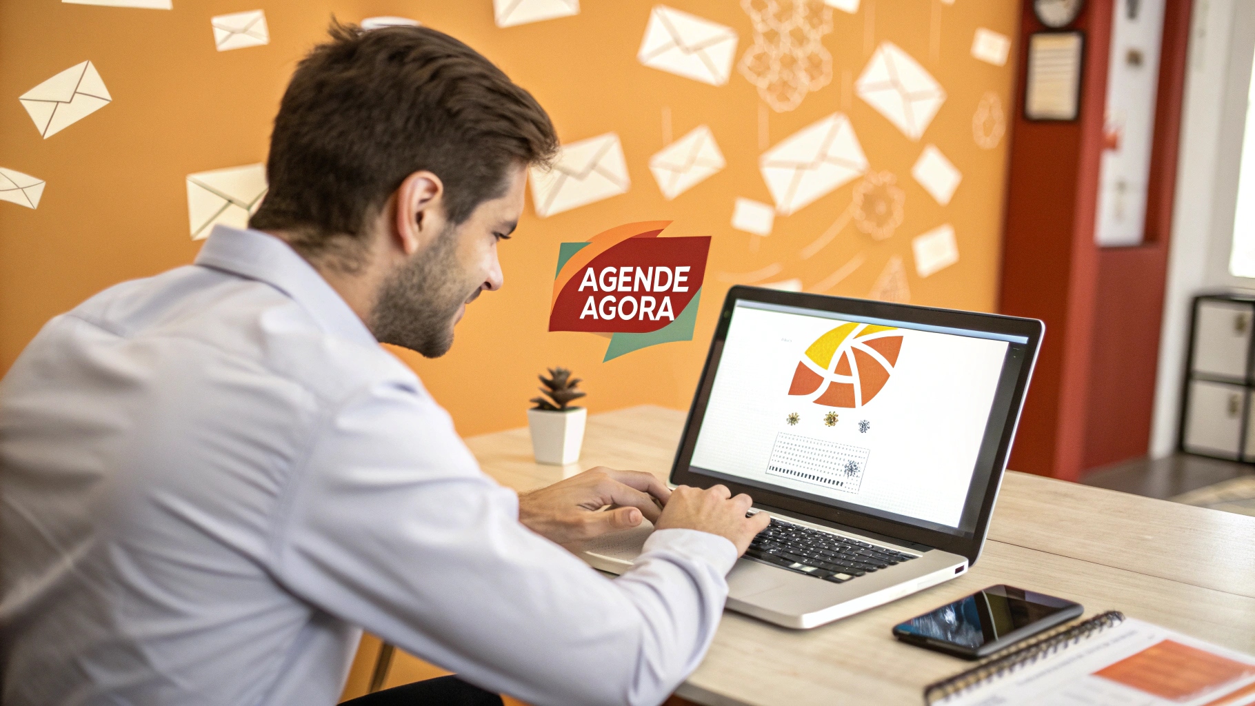 imagem de um profissional liberal enviando um e-mail marketing em um laptop, com um design responsivo exibido em um smartphone, em um escritório acolhedor.