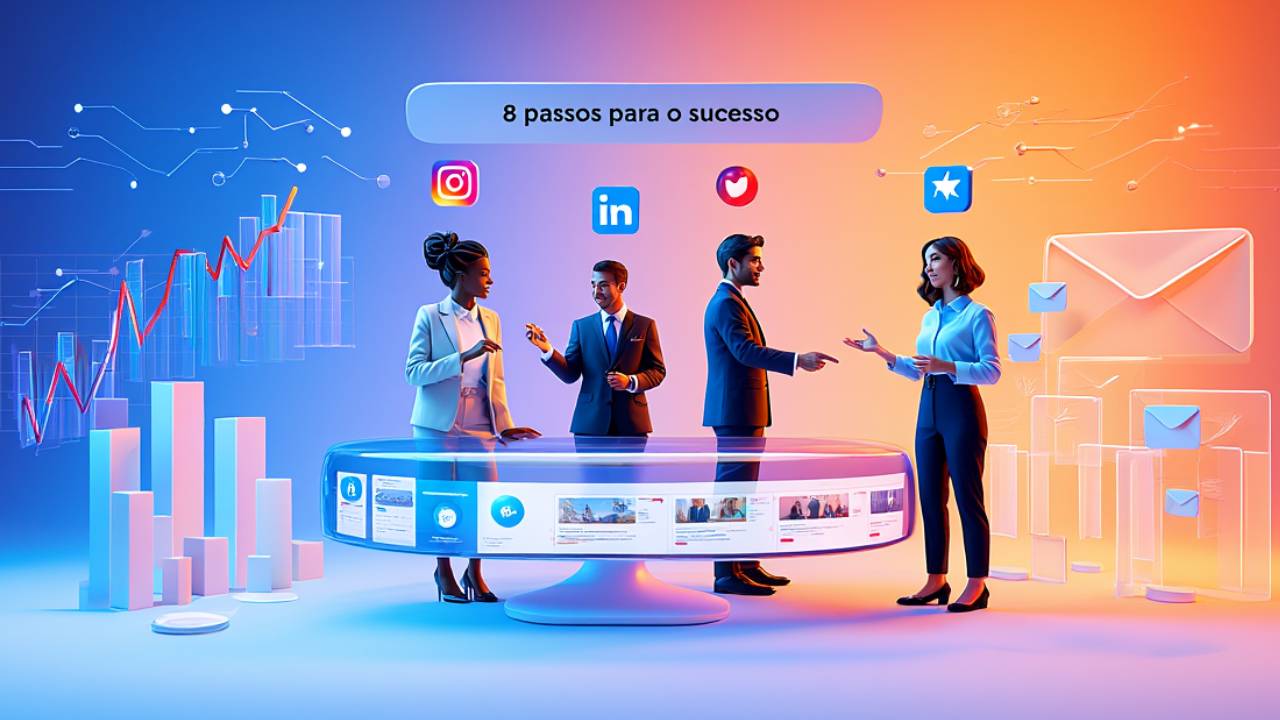 Ilustração de profissionais liberais interagindo com elementos de marketing digital, como laptop, redes sociais e gráficos de SEO, com um banner '8 Passos para o Sucesso', em um cenário tecnológico vibrante.