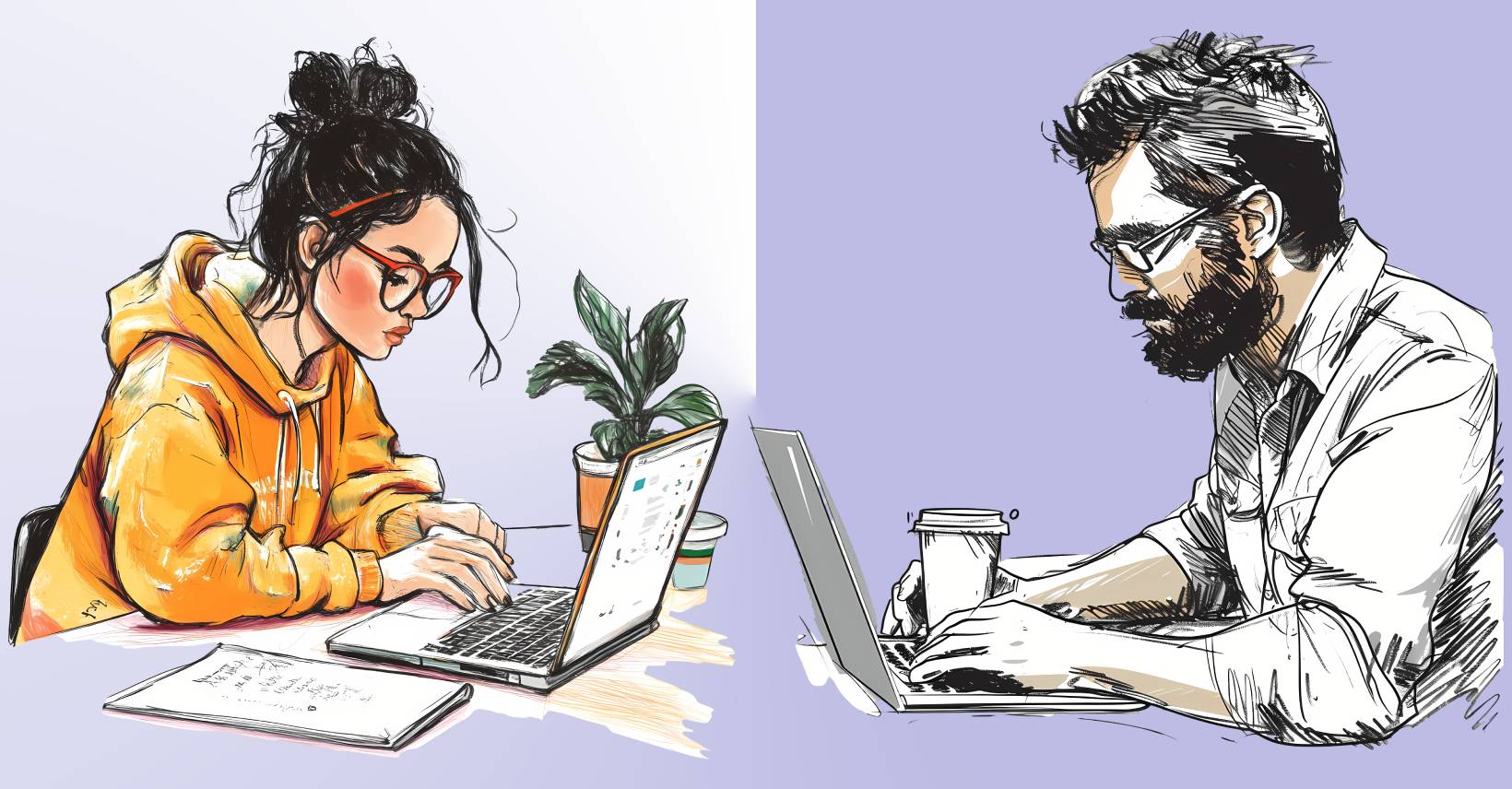 Ilustração de dois profissionais liberais freelancers trabalhando em seus laptops.