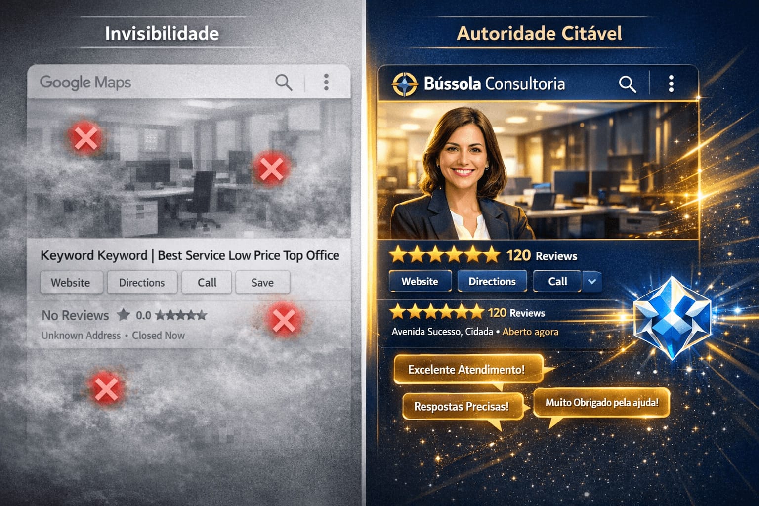 Ilustração técnica em split-screen comparando um perfil do Google Maps comum, em tons de cinza com erros de SPAM, a um perfil otimizado em azul e dourado com selo de autoridade e destaque para citações de IA.