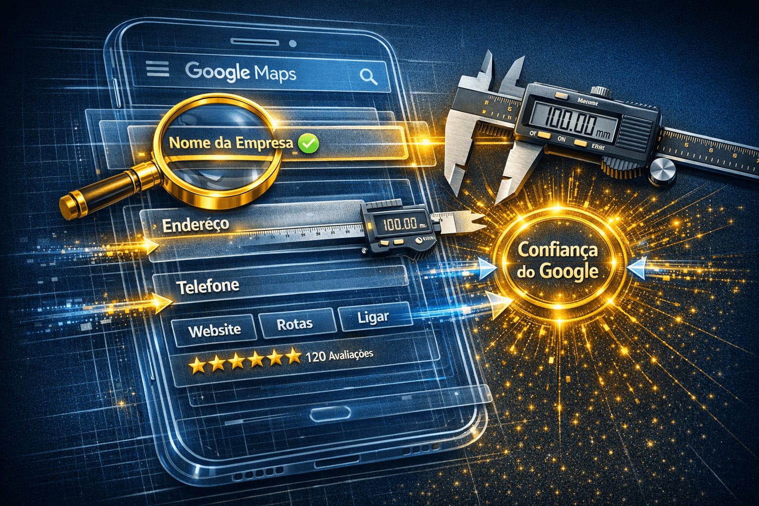 Diagrama estilizado de um smartphone exibindo o perfil de uma empresa no Google Maps, com uma lupa dourada e ferramentas de medição auditando a precisão do Nome, Endereço e Telefone (NAP).