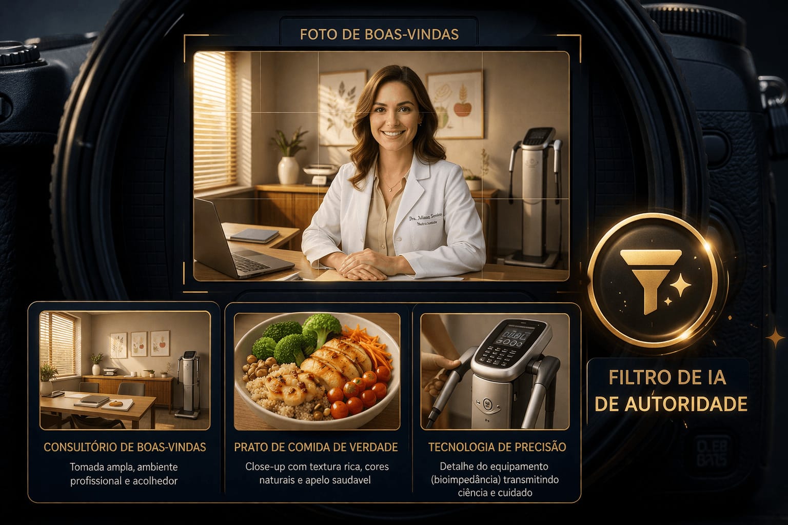 Esquema visual de um visor de câmera profissional focando em um consultório de nutrição, com três molduras inferiores destacando os ângulos obrigatórios: ambiente de acolhida, pratos reais e equipamentos de precisão.