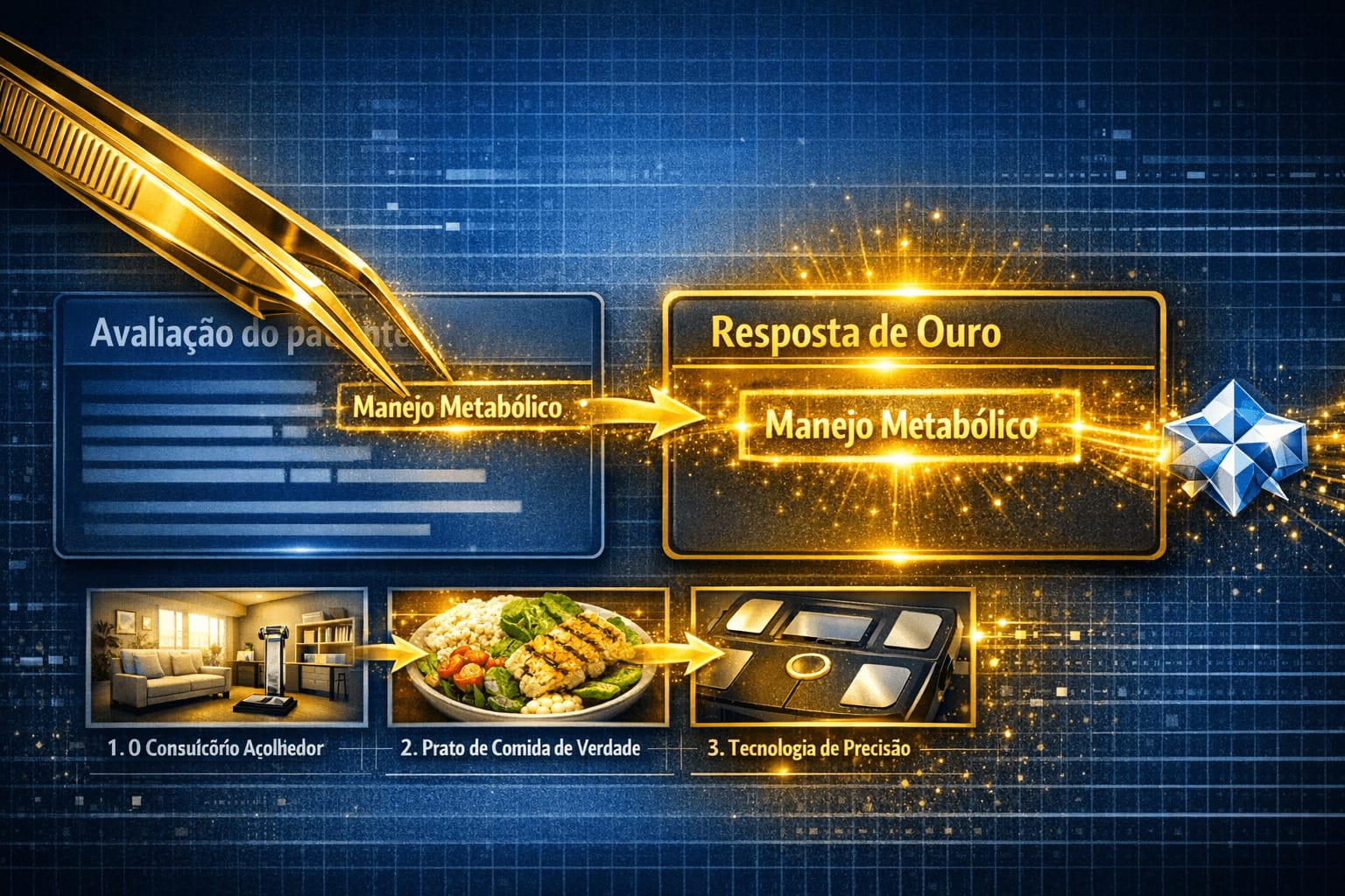 Arte conceitual de uma pinça digital dourada selecionando termos técnicos de um depoimento de paciente e inserindo-os em uma resposta estratégica para indexação no algoritmo do Google e Gemini.