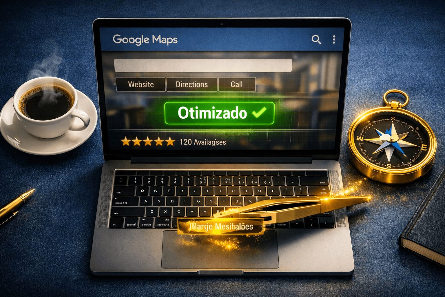 Visão superior de um espaço de trabalho minimalista com um notebook exibindo um status de otimização no Google Maps, uma xícara de café e uma bússola dourada, transmitindo a sensação de organização e sucesso na gestão de presença digital.
