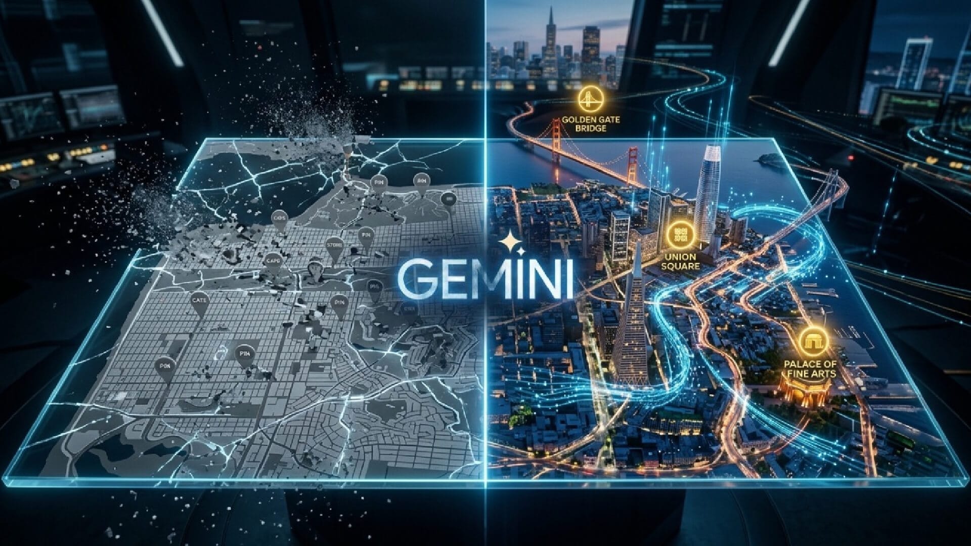 Representação visual da transição do Google Maps em 2026: À esquerda, um mapa 2D antigo se desintegrando; à direita, a nova Visualização Imersiva 3D renderizada pela IA Gemini, destacando apenas locais com alta autoridade digital.