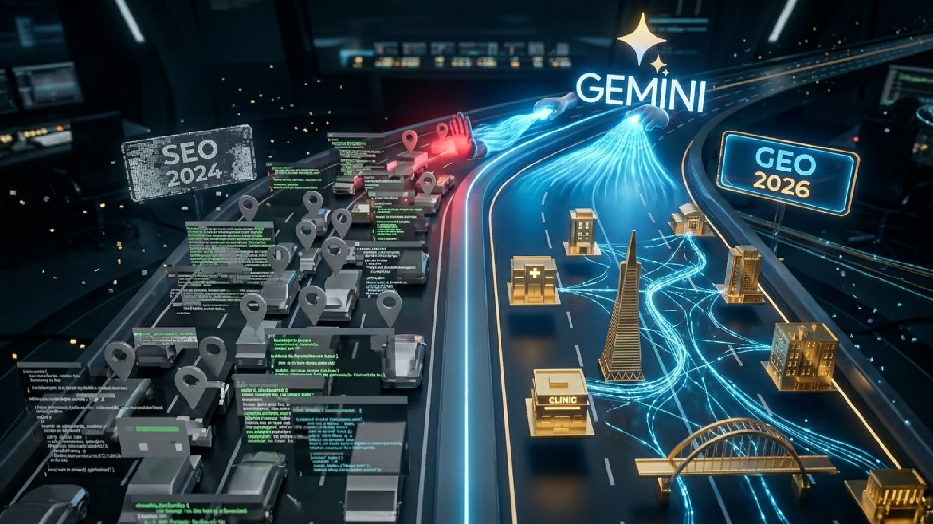 Infográfico isométrico comparando o "SEO Local 2024" (uma pista lenta e congestionada com dados obsoletos) com o "GEO 2026" (uma via rápida e fluida onde a IA Gemini prioriza entidades digitais douradas e estruturadas).