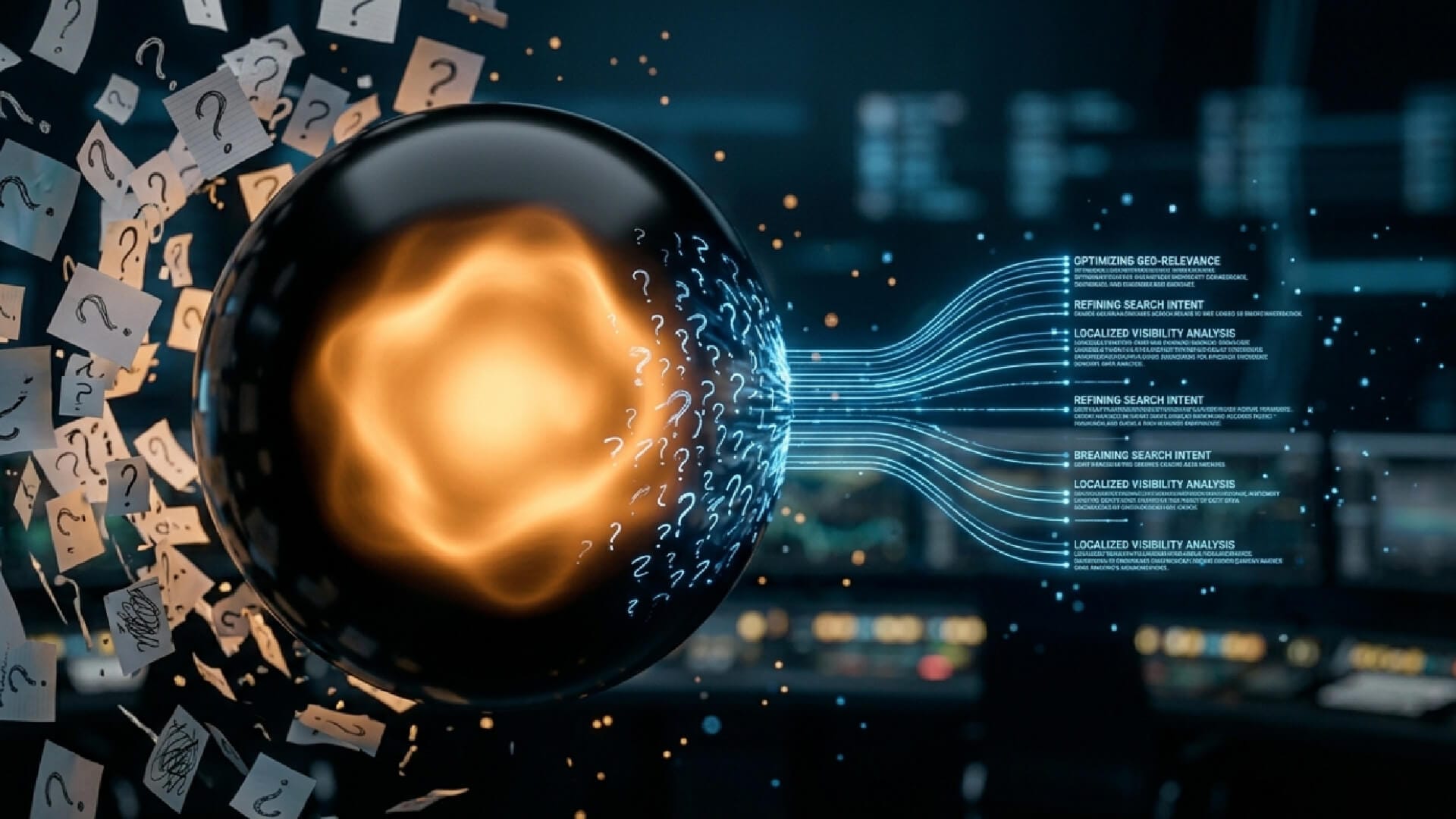 Close-up conceitual da IA Gemini (uma esfera preta pulsante) atraindo perguntas caóticas flutuantes e transformando-as em respostas de dados estruturados e claros, simbolizando a curadoria de informações confiáveis no novo Google Maps.