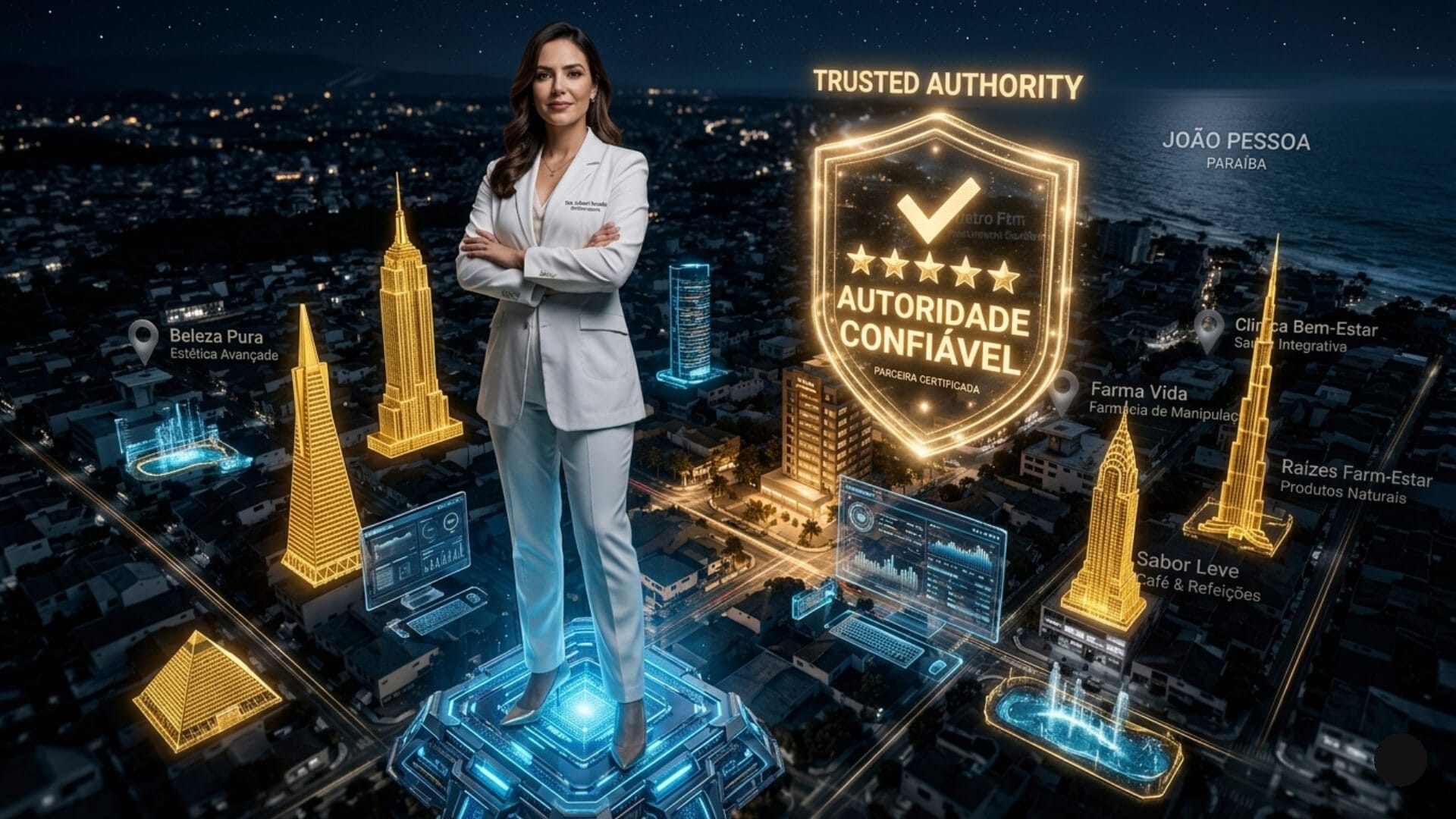 Um profissional liberal (nutricionista) em pé sobre um pedestal de dados brilhantes no centro de um mapa 3D de João Pessoa. Seu consultório é o único ponto iluminado em dourado com um selo de "Autoridade Confiável", enquanto os concorrentes ao redor estão obscurecidos.