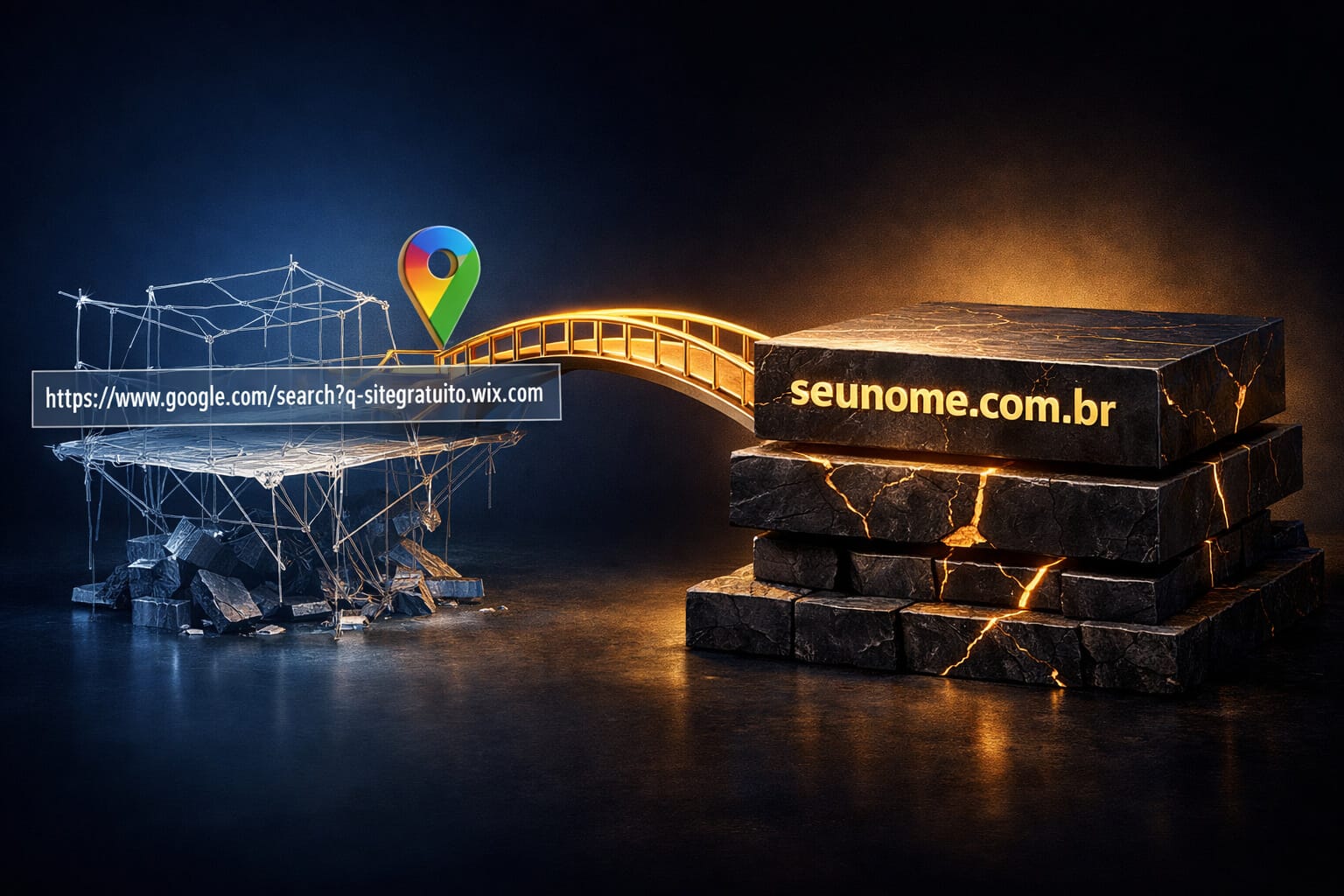 Ilustração conceitual comparando a fragilidade de um subdomínio gratuito com a solidez de um domínio próprio profissional, destacando o fluxo de autoridade do Google Maps para uma estrutura digital robusta em dourado e azul.